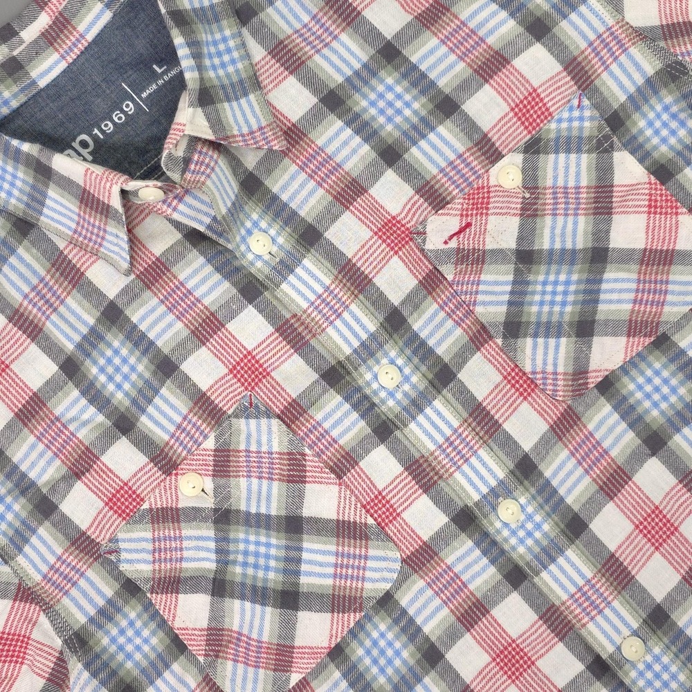 Gap Shirt Mens Large Red Blue Plaid Linen‎ Cotton 1969 Double Pocket Long Sleeve